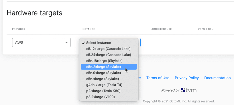 OctoML deployment targets on AWS