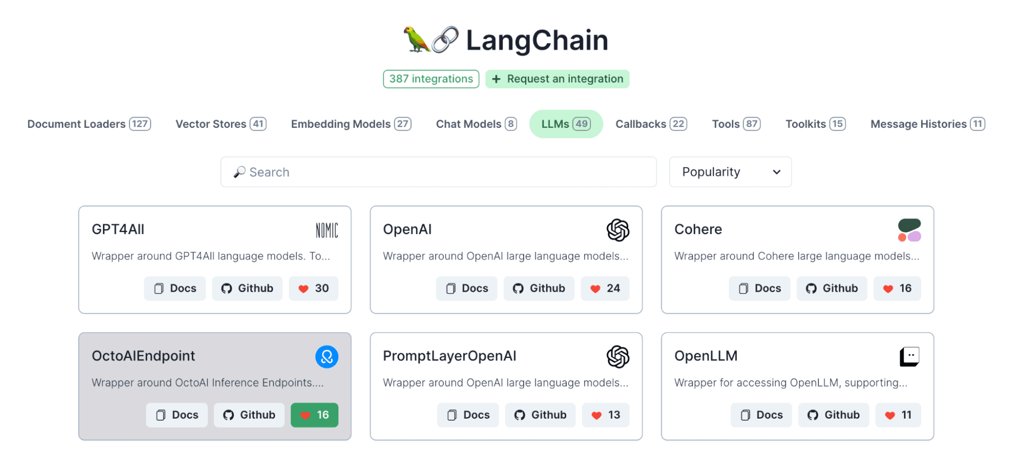 Screen shot of LangChain integration page highlighting the OctoAI Endpoint