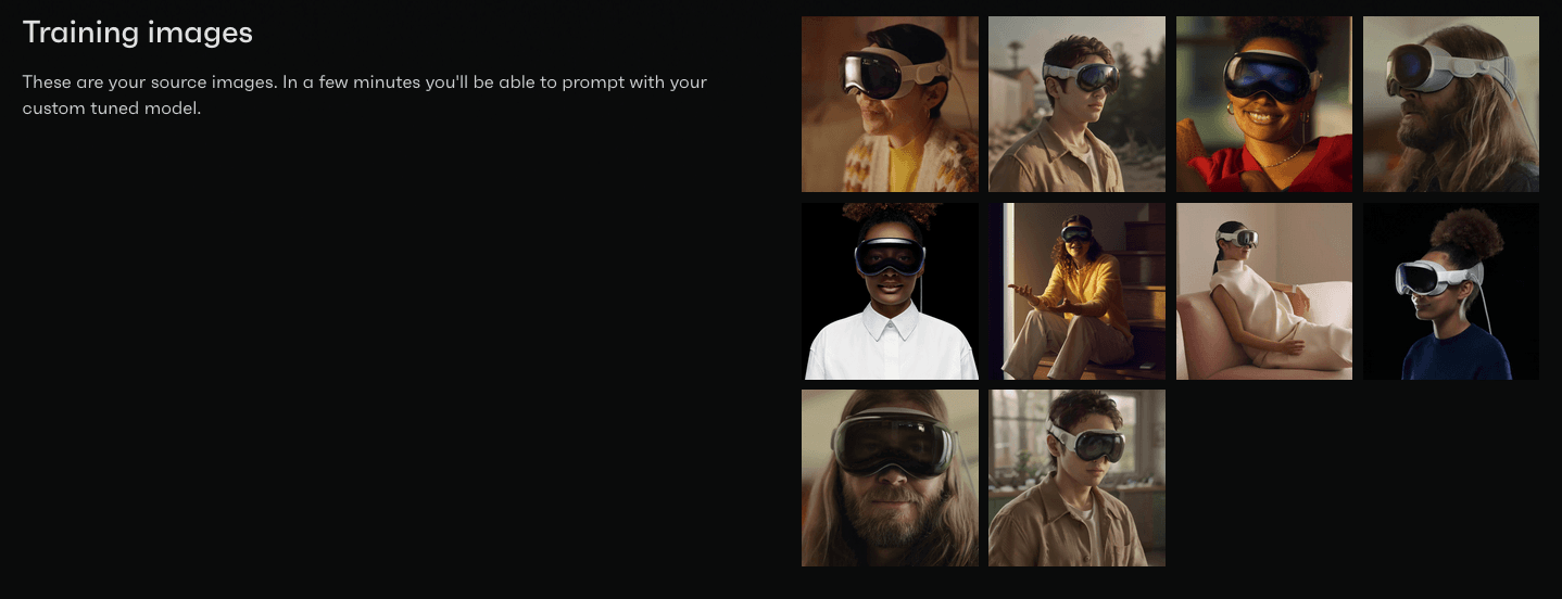 OctoAI UI showing fine-tune training images of people in VR headsets