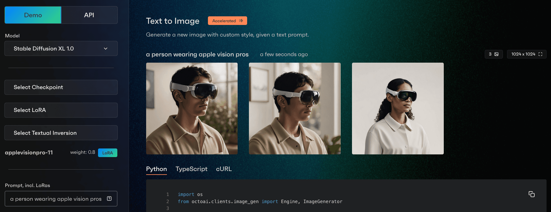 OctoAI UI showing text to image prompts of people wearing a VR headset based on a custom asset