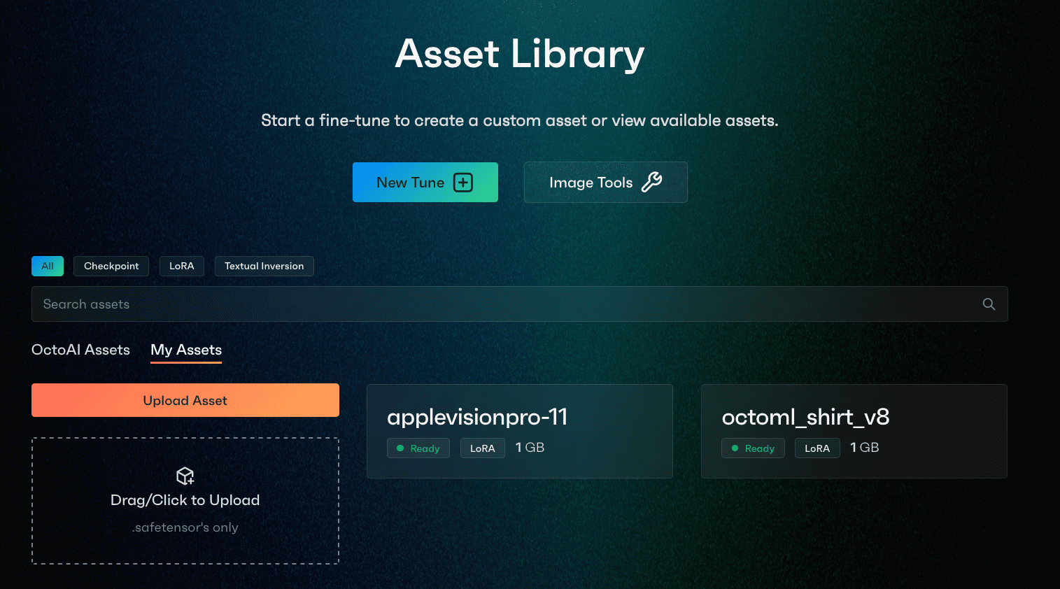 OctoAI Asset Library UI with two custom assets of VR headsets and the OctoAI shirt