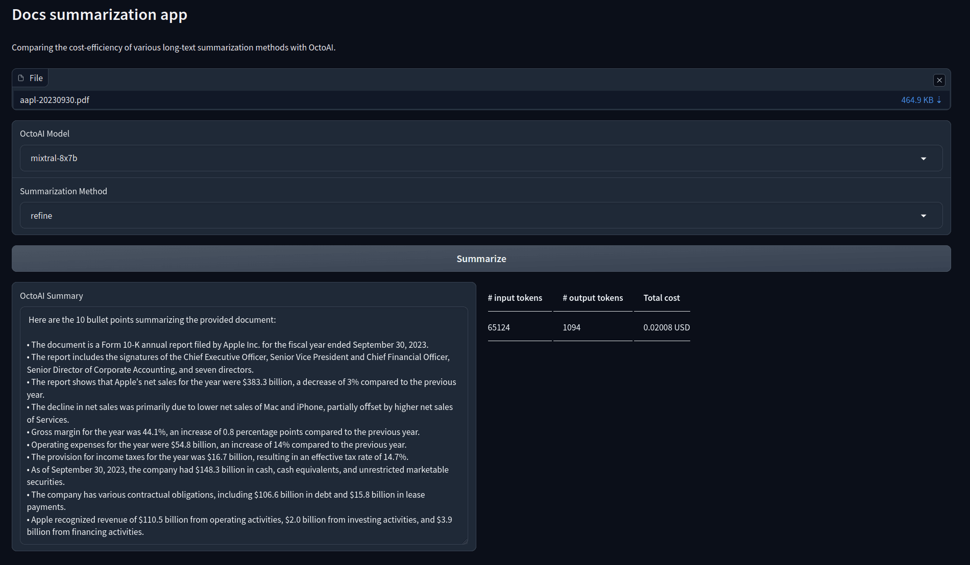 Screen shot of Docs Summarization app powered by OctoAI Text Gen Solution