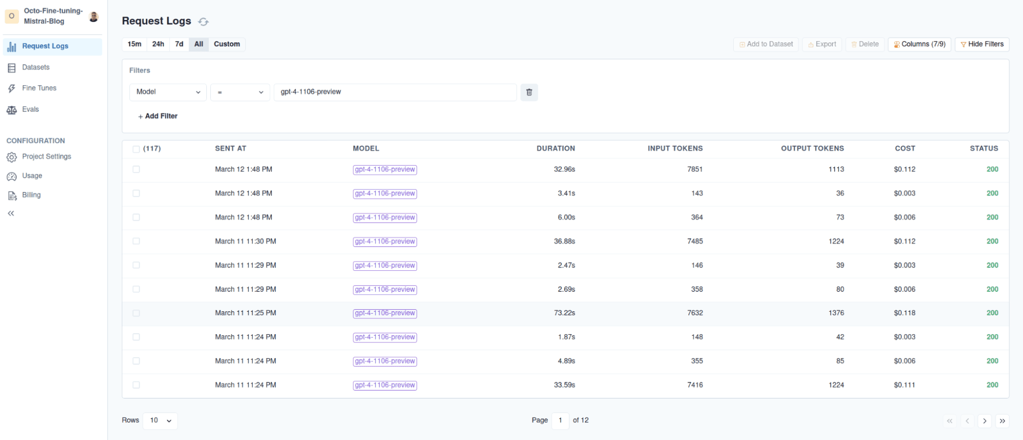 OpenPipe screen shot of request and responses logs