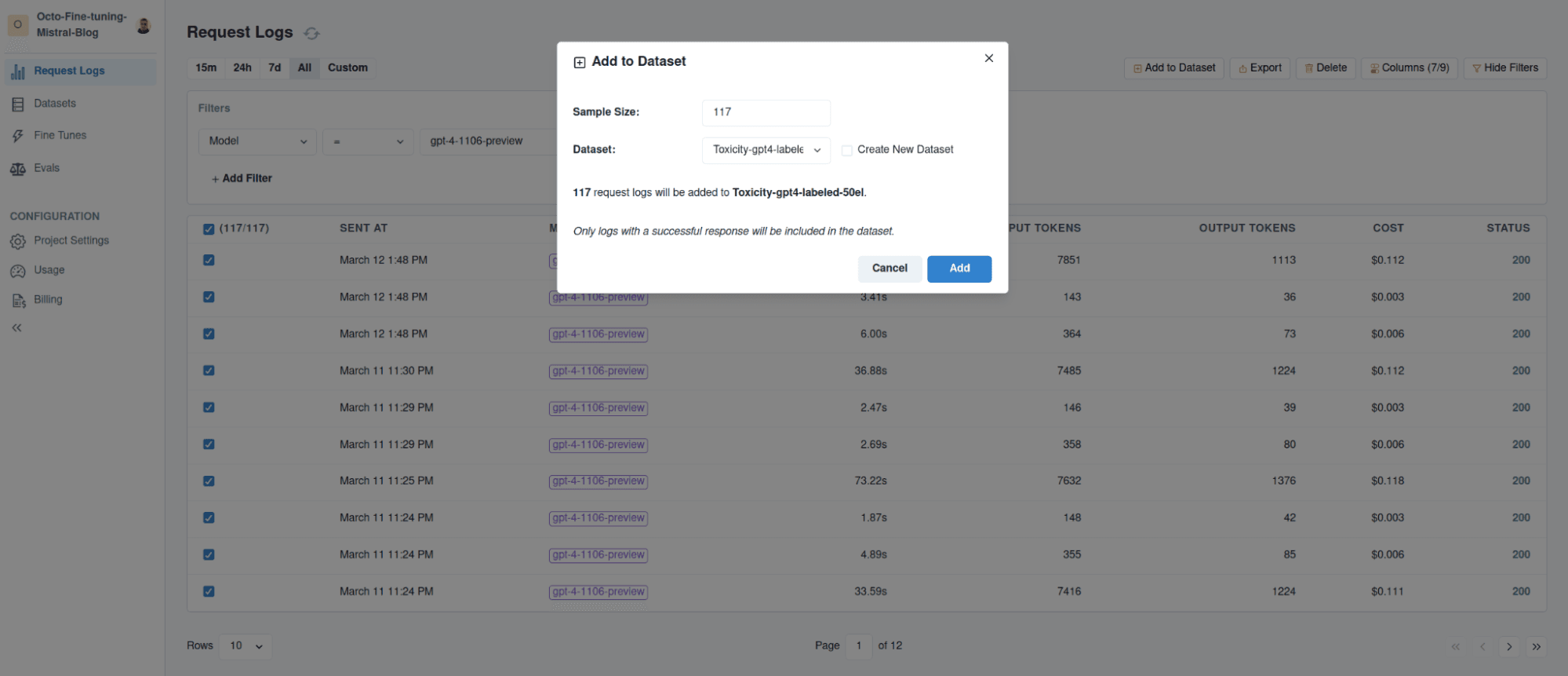 OpenPipe screenshot to add a new dataset