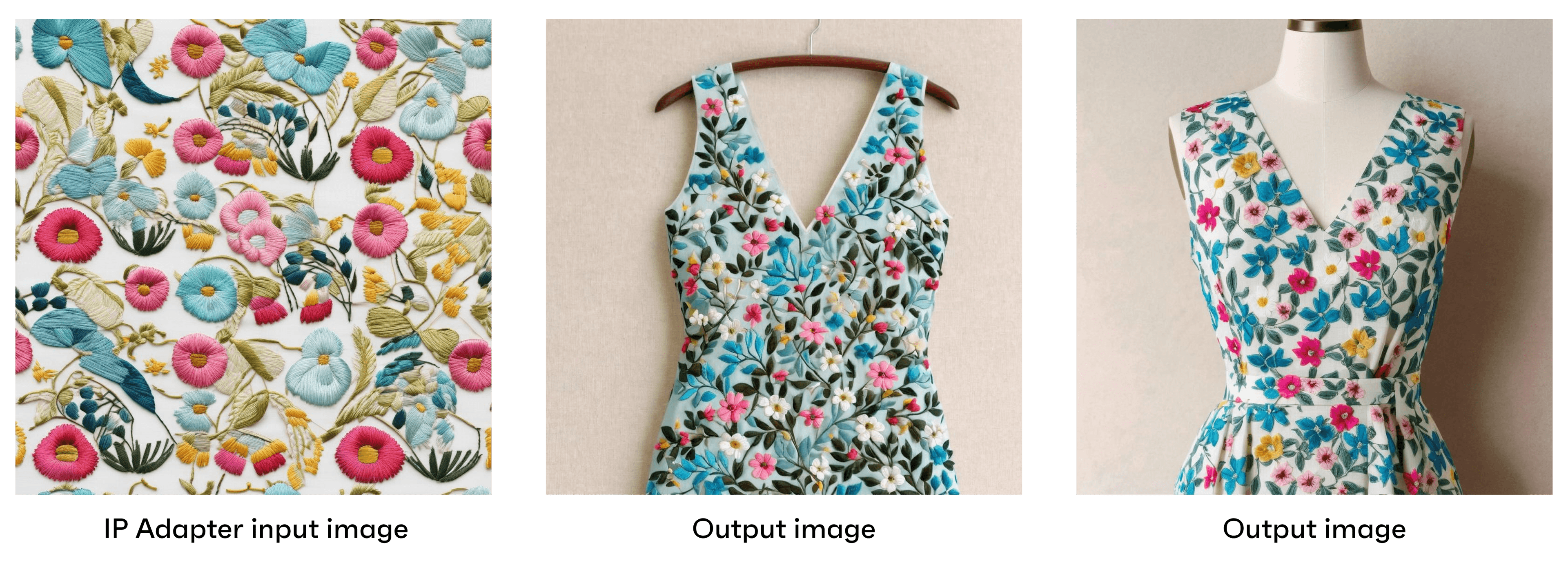 3 images, the 1st embroidery provided to AI and using IP Adapter generates dresses using the embroidery sample provided