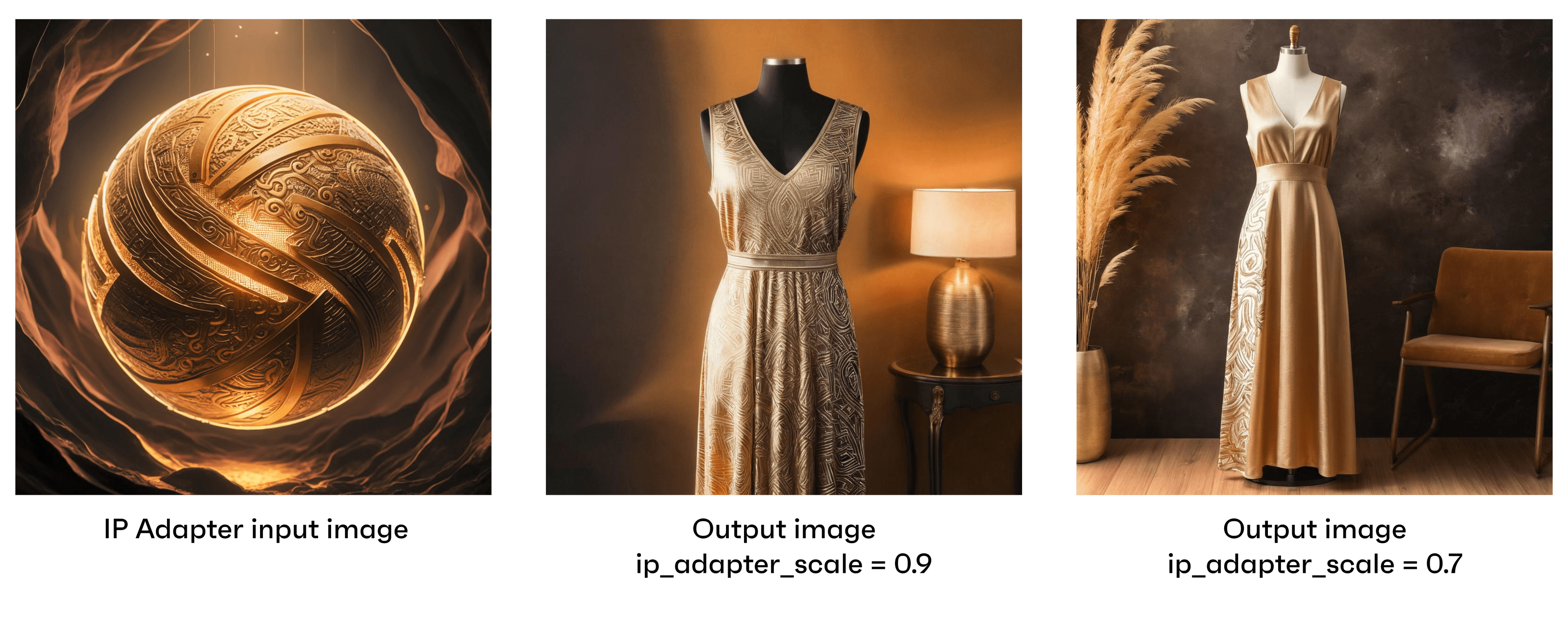 3 images, the 1st of a golden stylized sphere provided to AI and using IP Adapter generates dresses using the gold sphere example provided