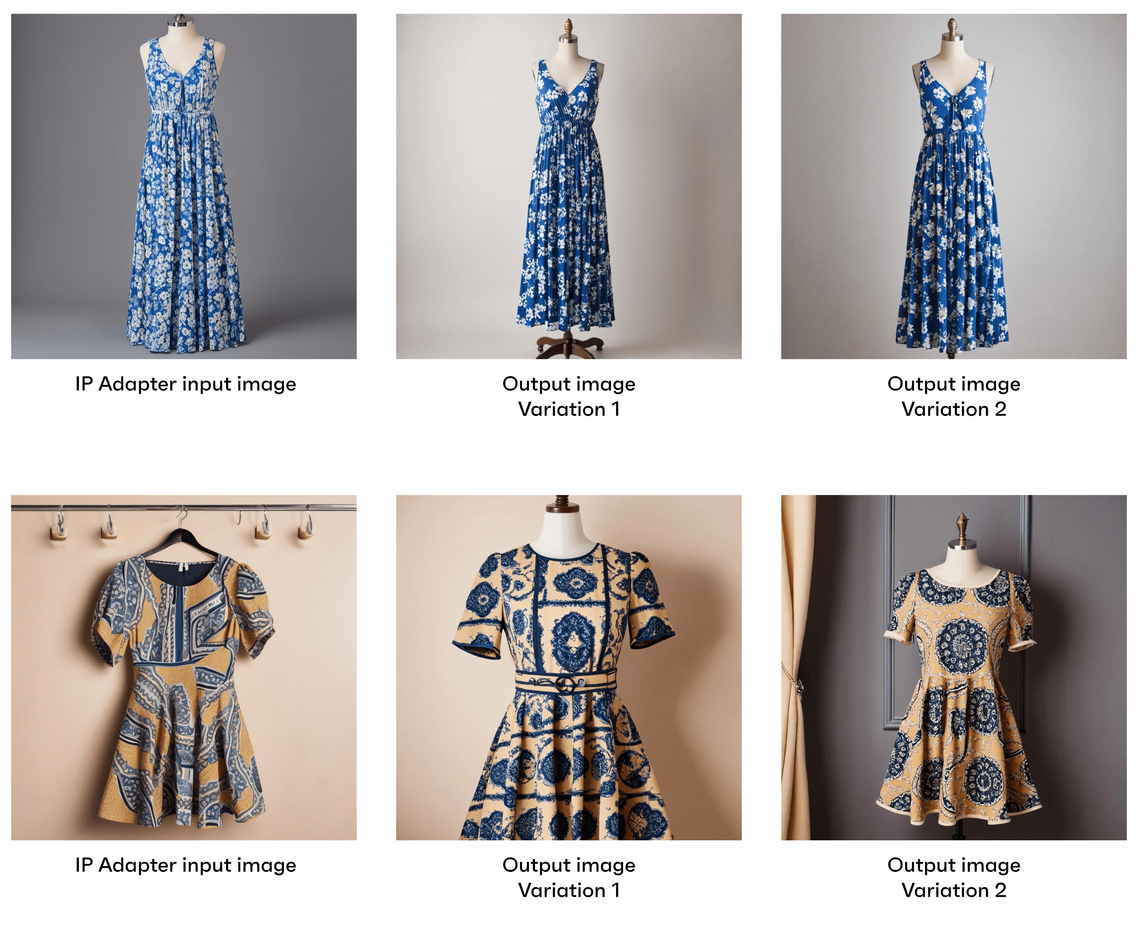 6 images, the on the left of each set is a distinct style, color, and layout to AI and using IP Adapter generates more dresses using only the image as a prompt to make more images