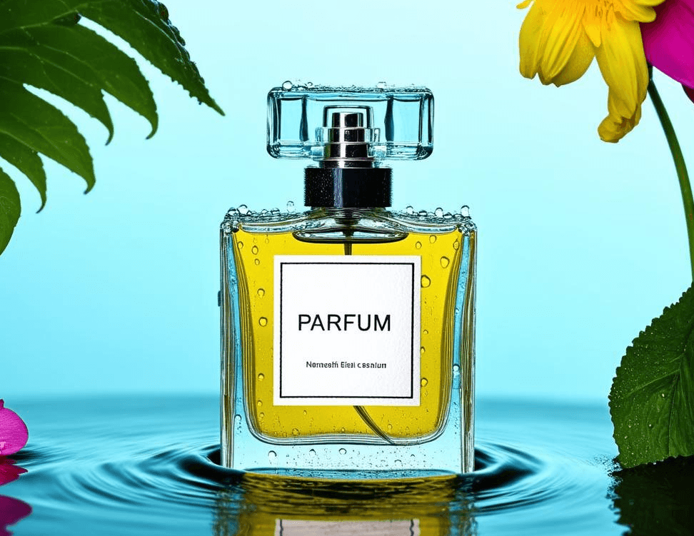 an Stable Diffusion 3 generated perfume bottle with crisp text and picture quality