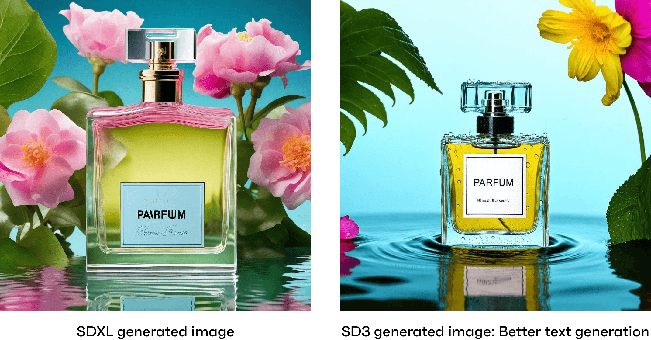 Side by side Ai generated perfume bottles showing the improvement of text generation with Stable Diffusion 3's clear and distinct text on the bottle