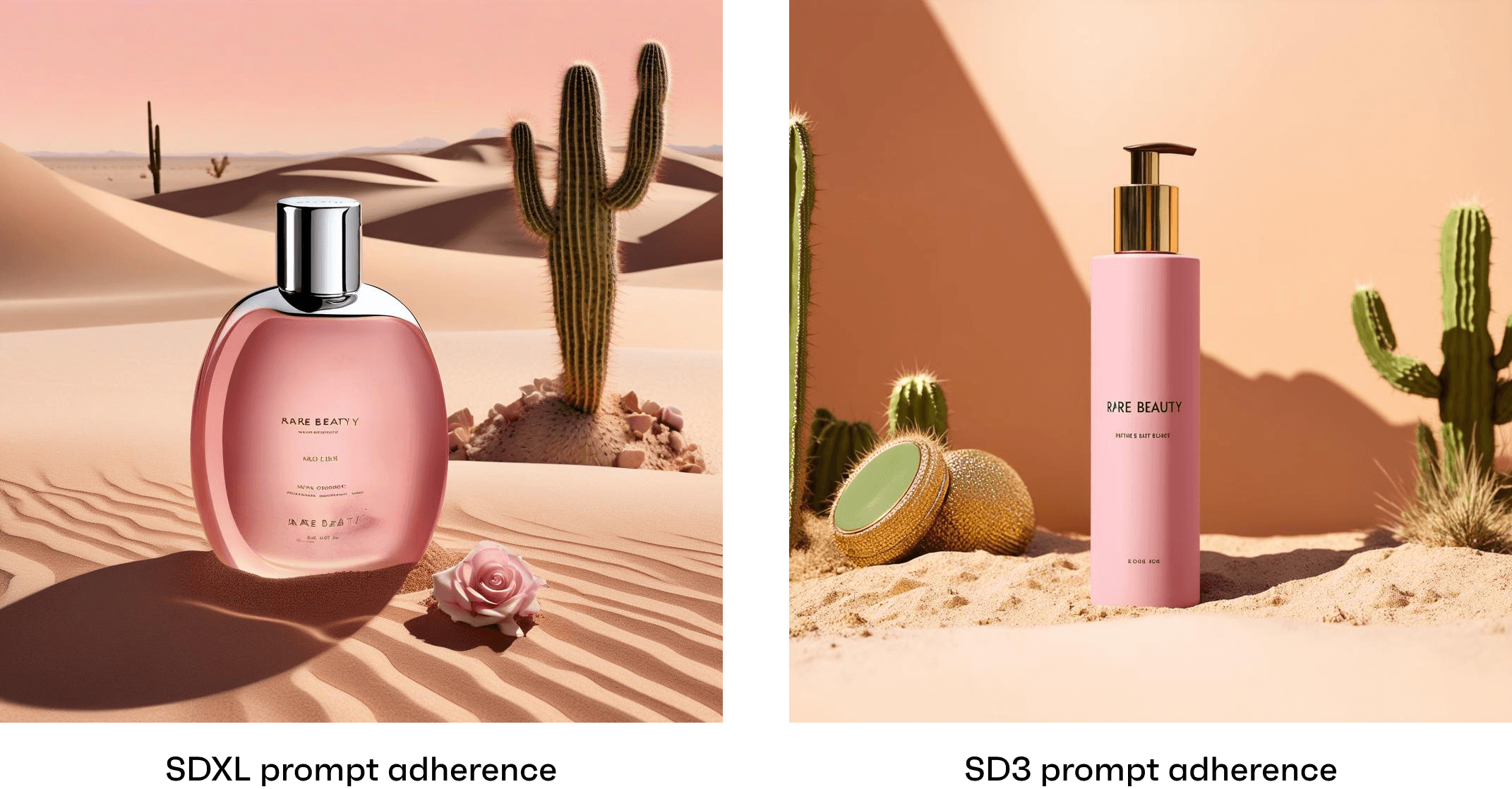 Side by side beauty products generated by AI showing the improvement of Stable Diffusion 3 to adhere to the prompt given