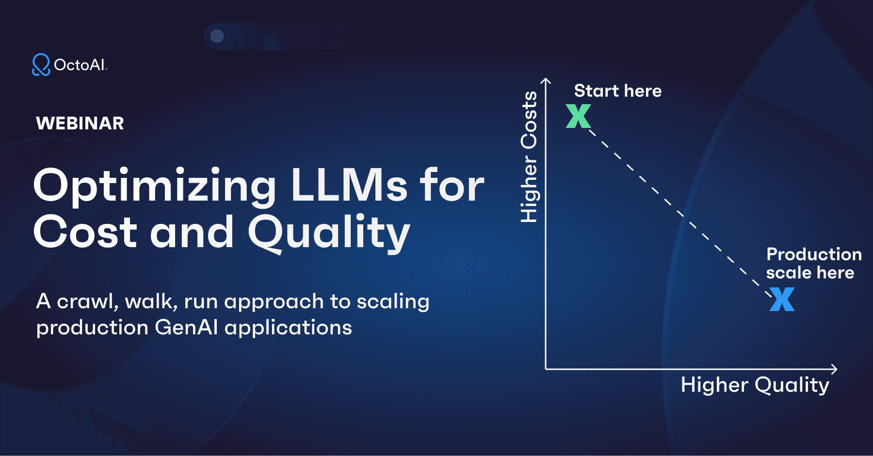 Webinar preview image for Optimizing LLMs for cost and quality with a chart showing starting GenAI projects with high costs, and moving to lower costs and improved quality