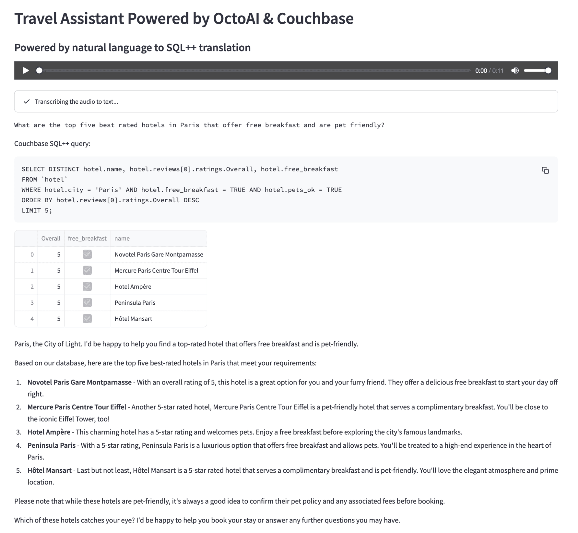 UI showing the AI Trevel Agent chatbot by OctoAI models and Couchbase